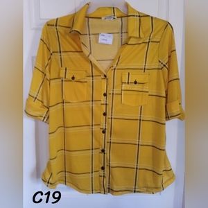 DON'T Stop Believing Mustard Yellow Plaid shirt button up lightweight 3/4 sleeve